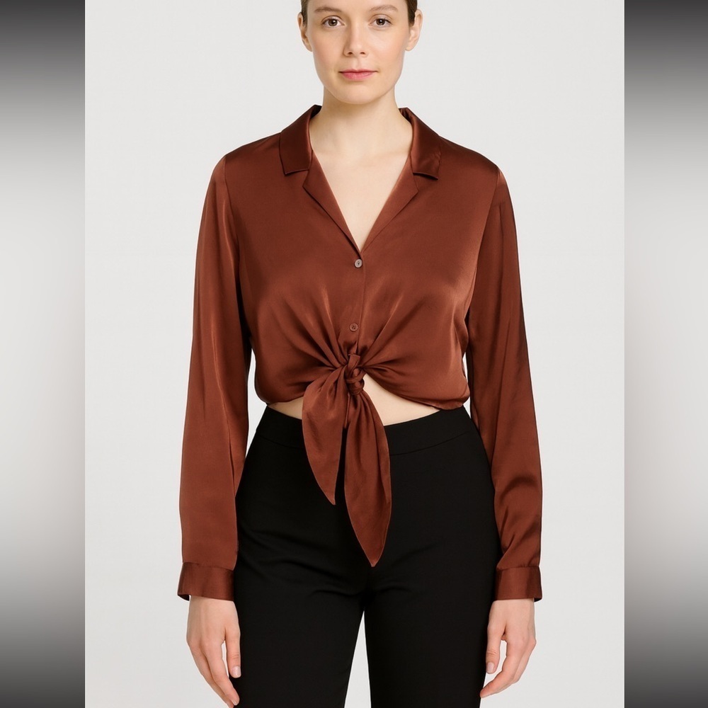 Wilfred Tie-Front Satin Blouse – Rust Brown – Size 2XS NWT - Picture 15 of 15